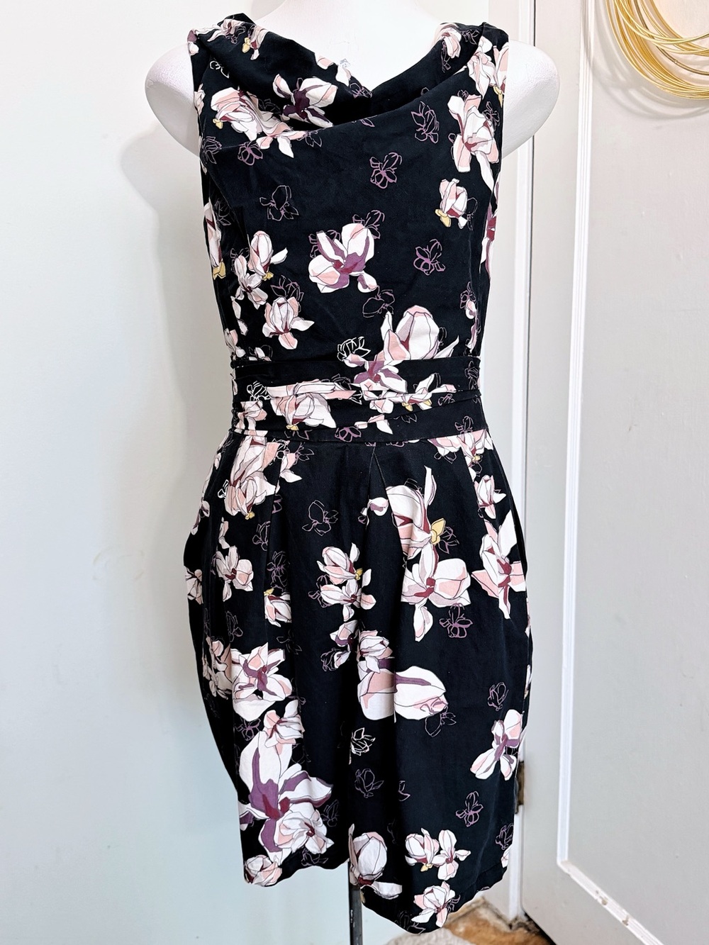 Hinge Size 1 Black Floral Draped Neck Fit & Flare Dress Anthropologie Style 1X